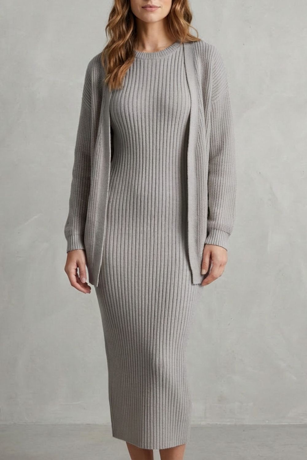 Set Women - Ribbed Knit Two-Piece Outfit with Dress and Cardigan