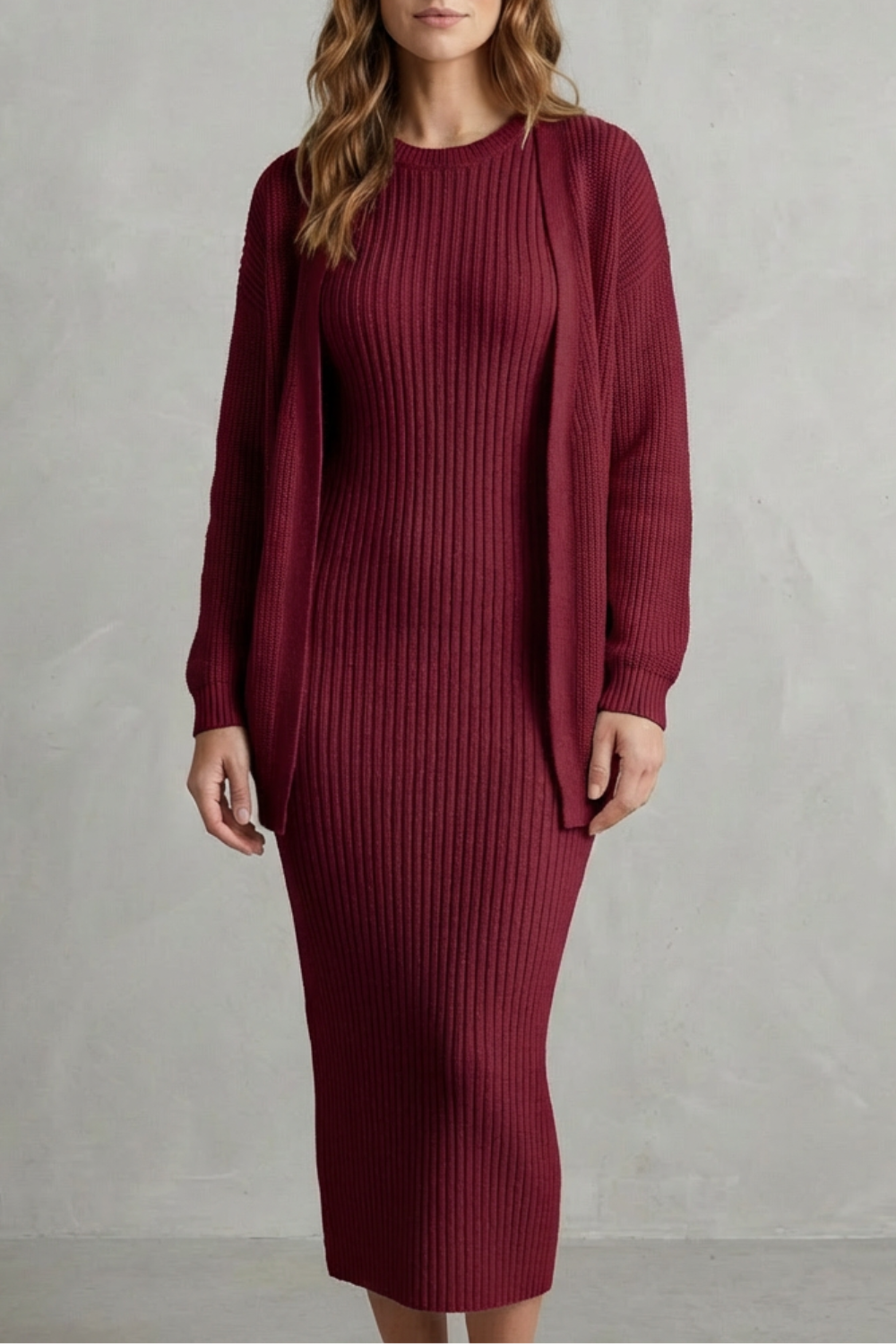 Set Women - Ribbed Knit Two-Piece Outfit with Dress and Cardigan