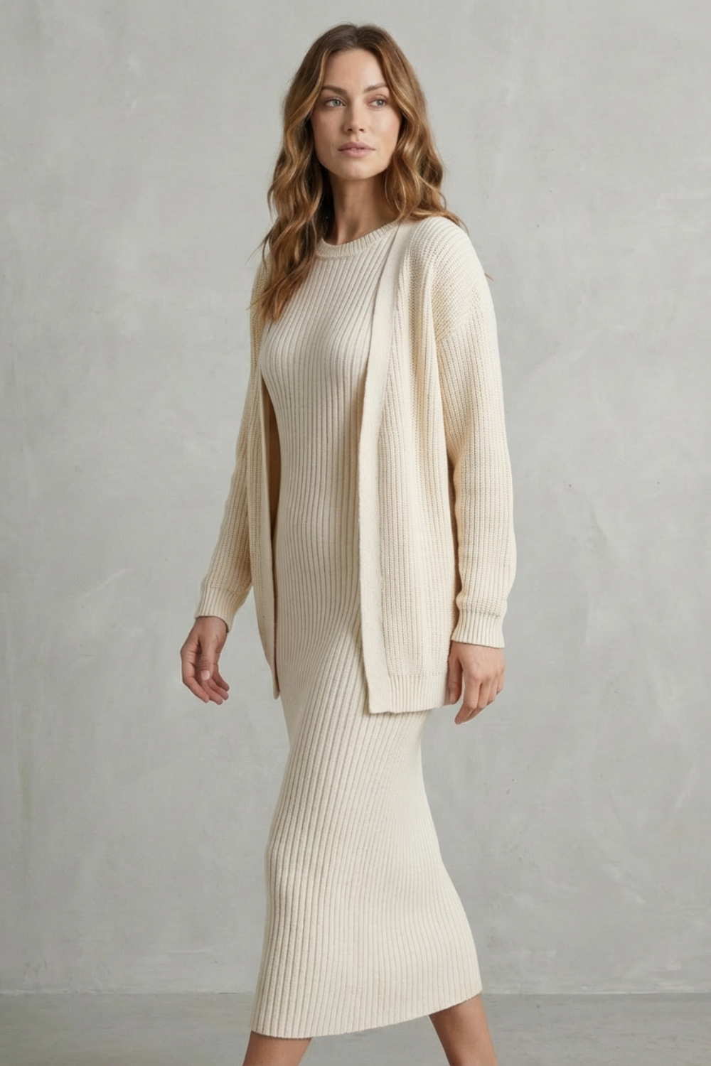 Set Women - Ribbed Knit Two-Piece Outfit with Dress and Cardigan