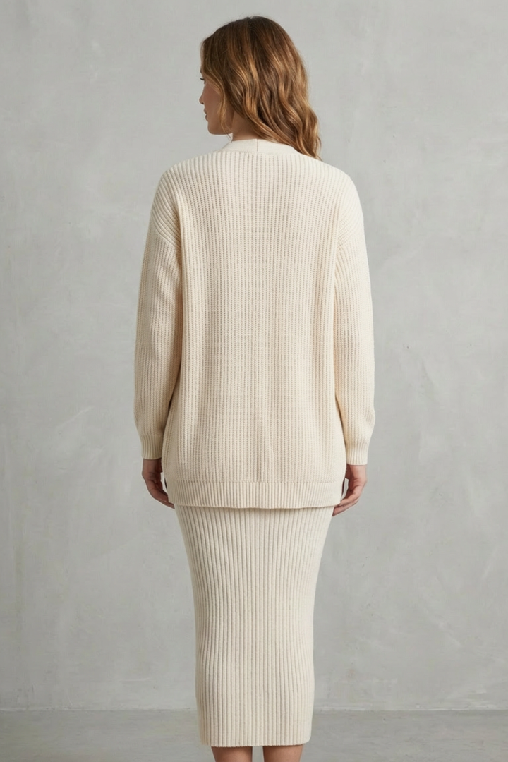 Set Women - Ribbed Knit Two-Piece Outfit with Dress and Cardigan