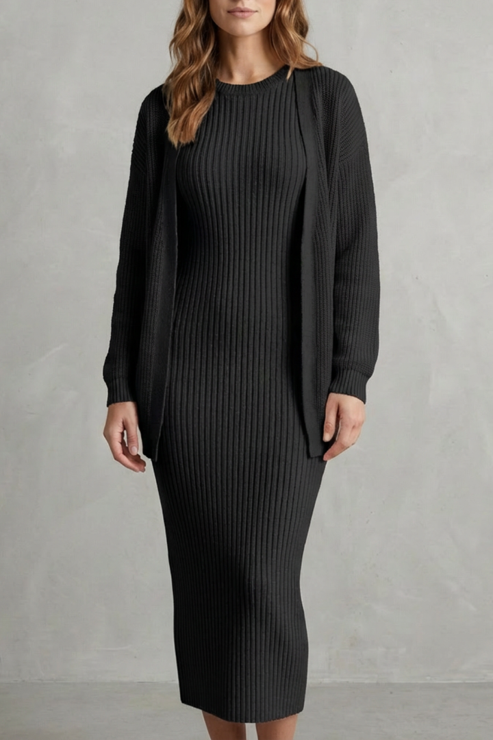 Set Women - Ribbed Knit Two-Piece Outfit with Dress and Cardigan