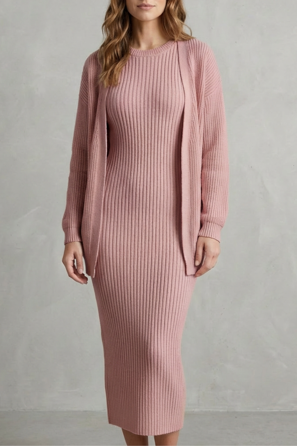 Set Women - Ribbed Knit Two-Piece Outfit with Dress and Cardigan
