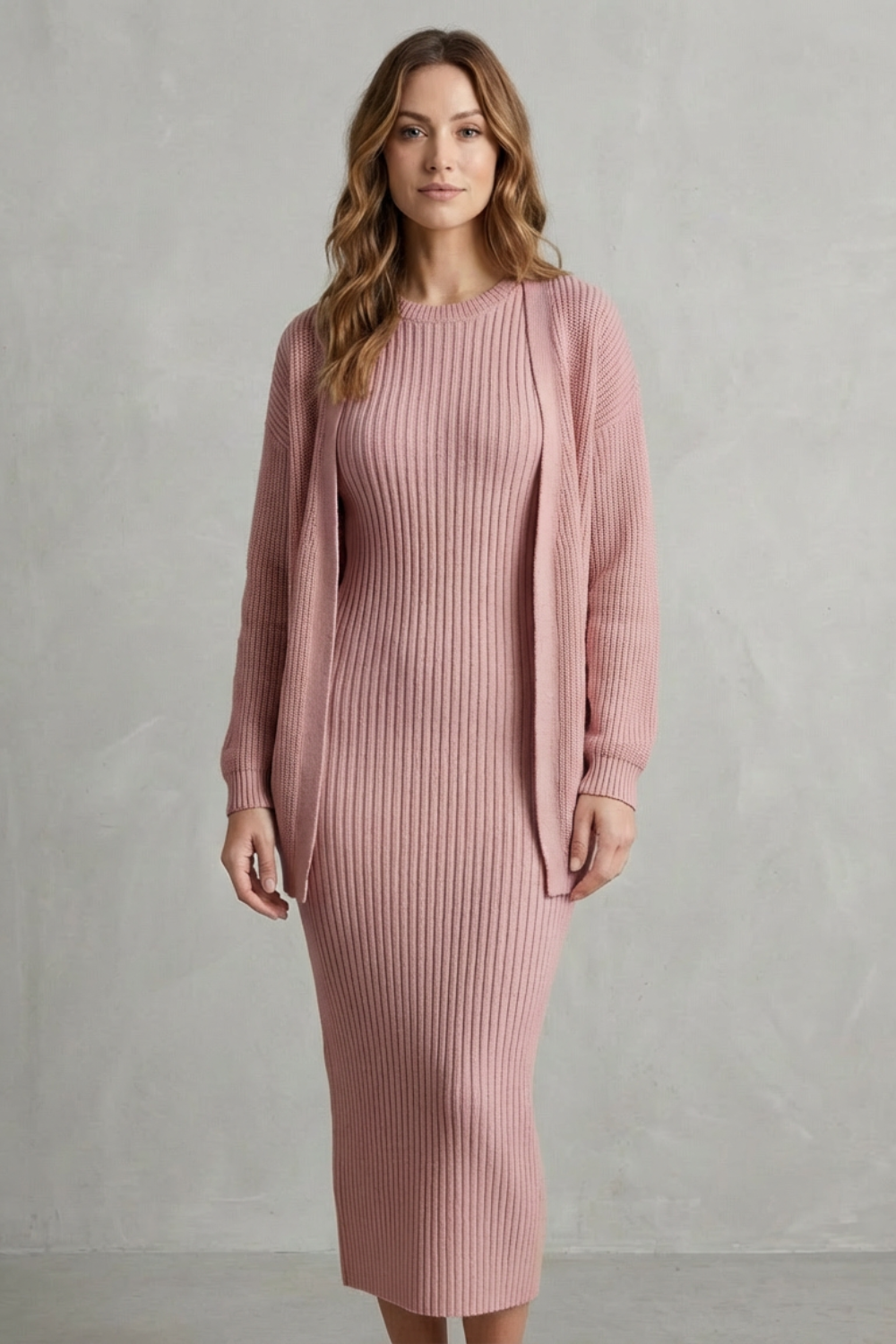 Set Women - Ribbed Knit Two-Piece Outfit with Dress and Cardigan