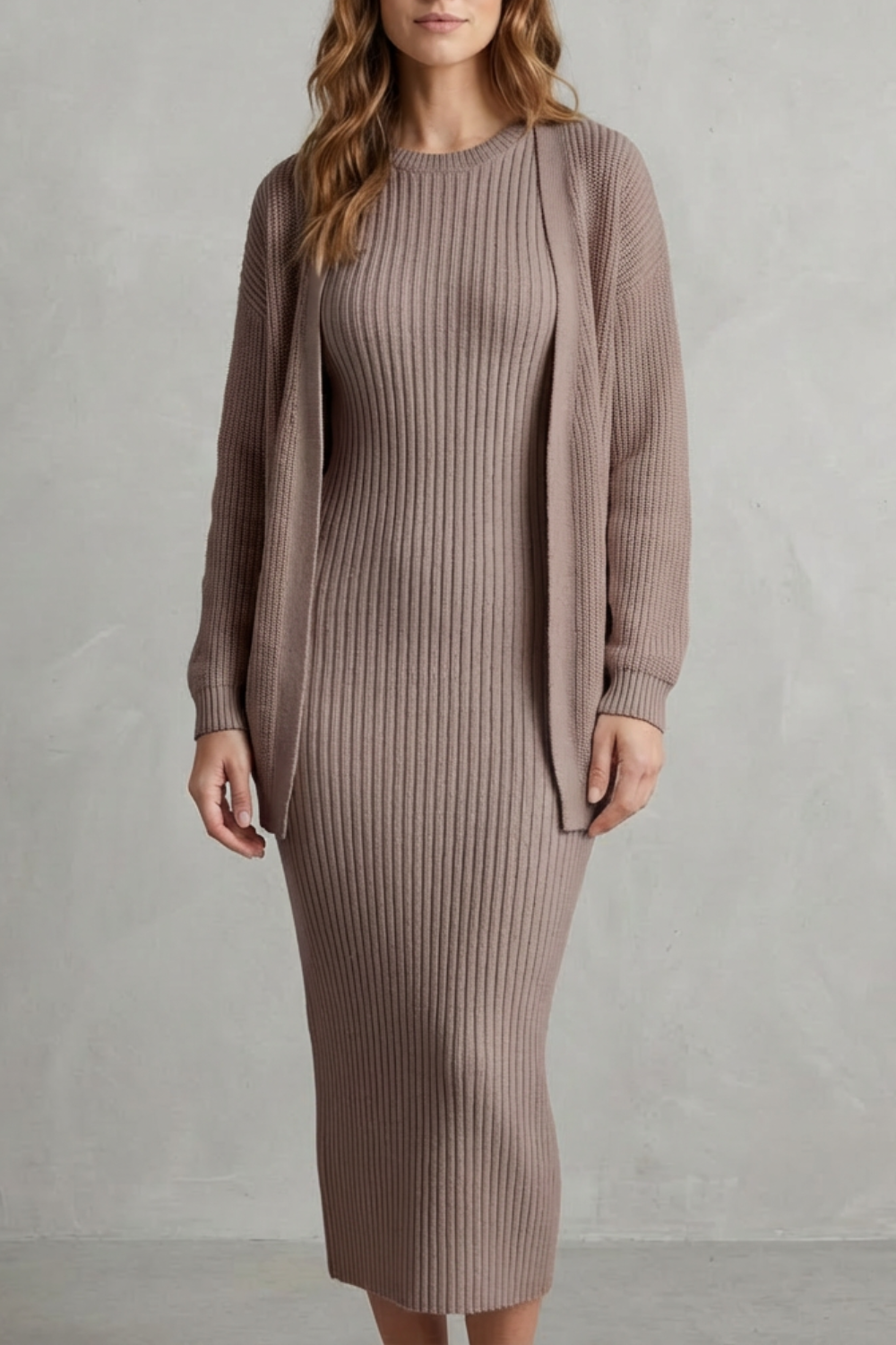 Set Women - Ribbed Knit Two-Piece Outfit with Dress and Cardigan