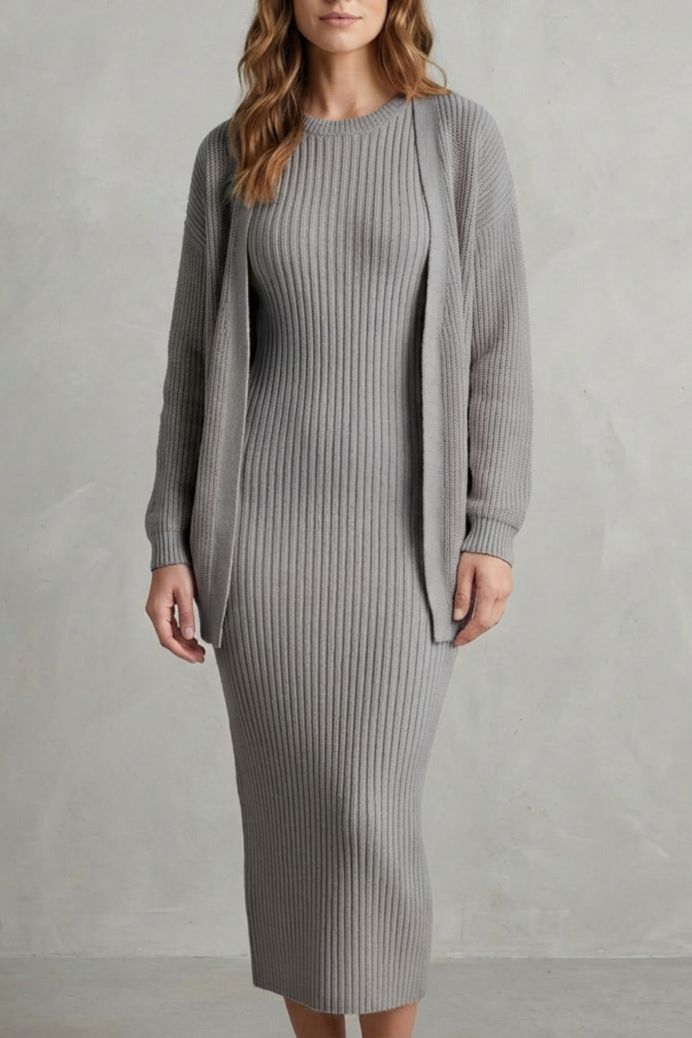Set Women - Ribbed Knit Two-Piece Outfit with Dress and Cardigan