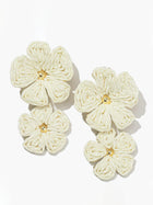 Raffia Earrings for Women Double Flower Pendant with Gold Accent - Off-White / Brown