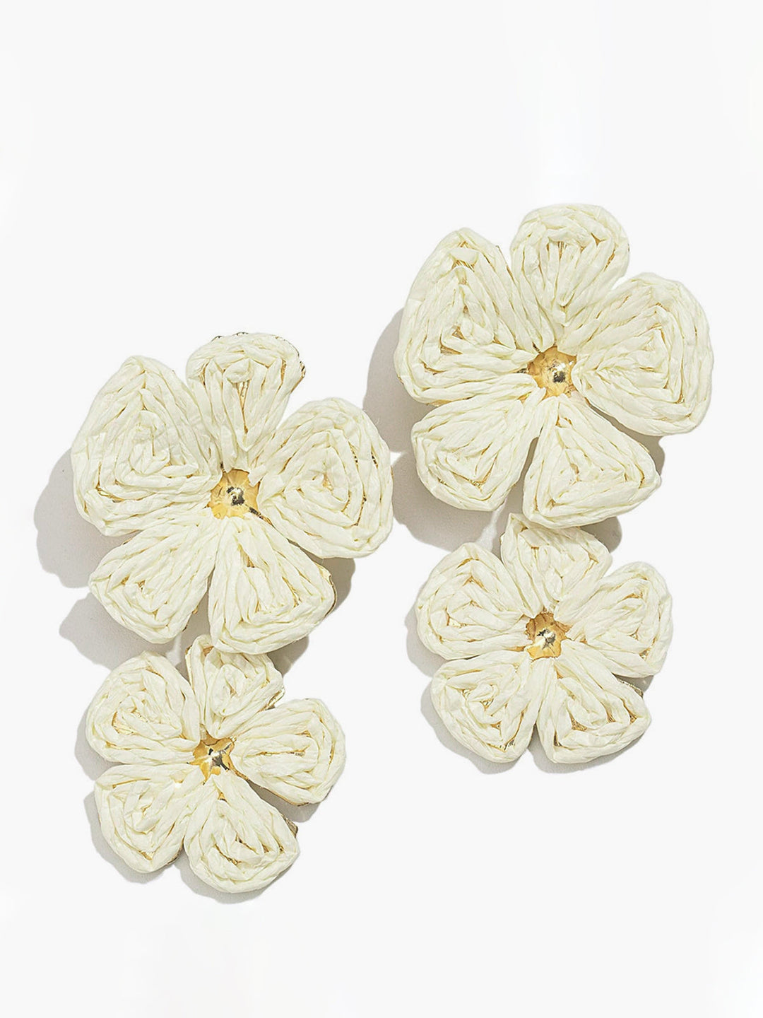 Raffia Earrings for Women Double Flower Pendant with Gold Accent - Off-White / Brown