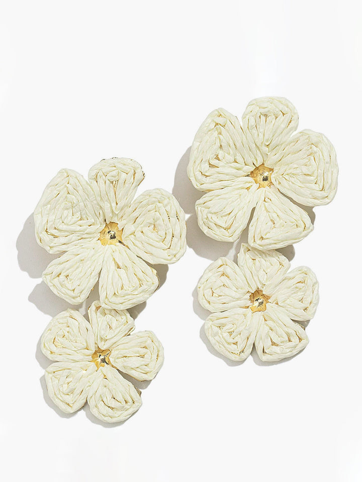 Raffia Earrings for Women Double Flower Pendant with Gold Accent - Off-White / Brown