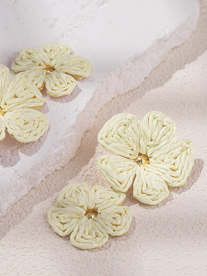 Raffia Earrings for Women Double Flower Pendant with Gold Accent - Off-White / Brown