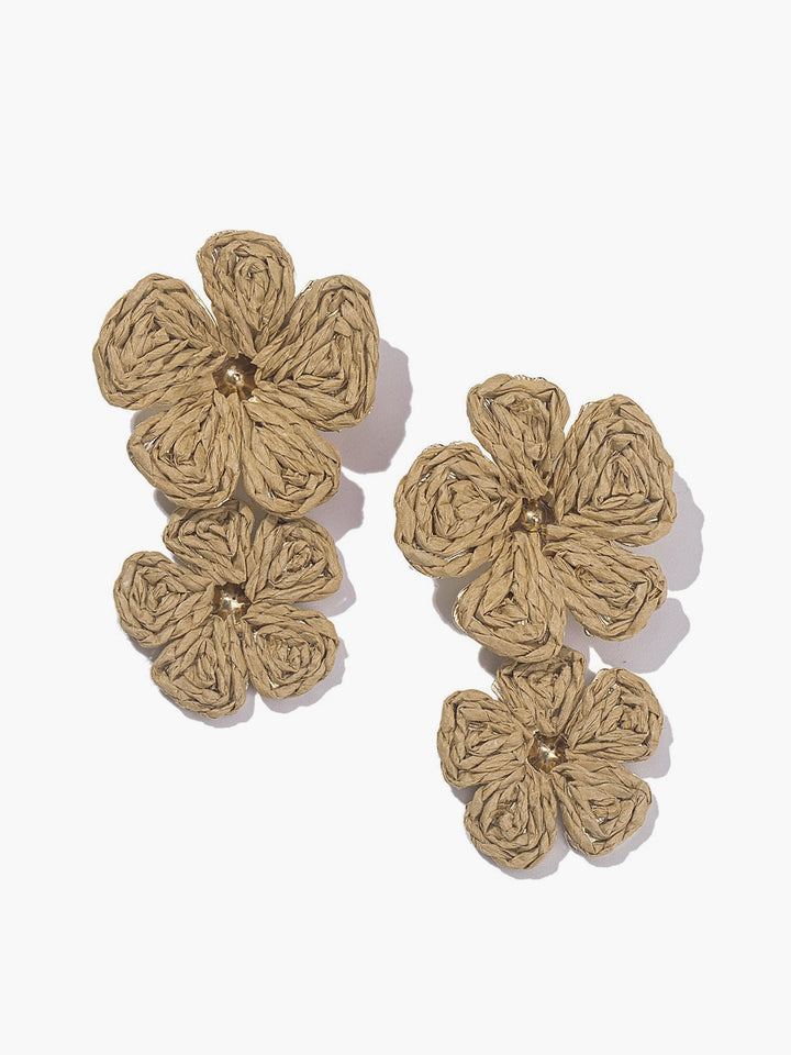 Raffia Earrings for Women Double Flower Pendant with Gold Accent - Off-White / Brown