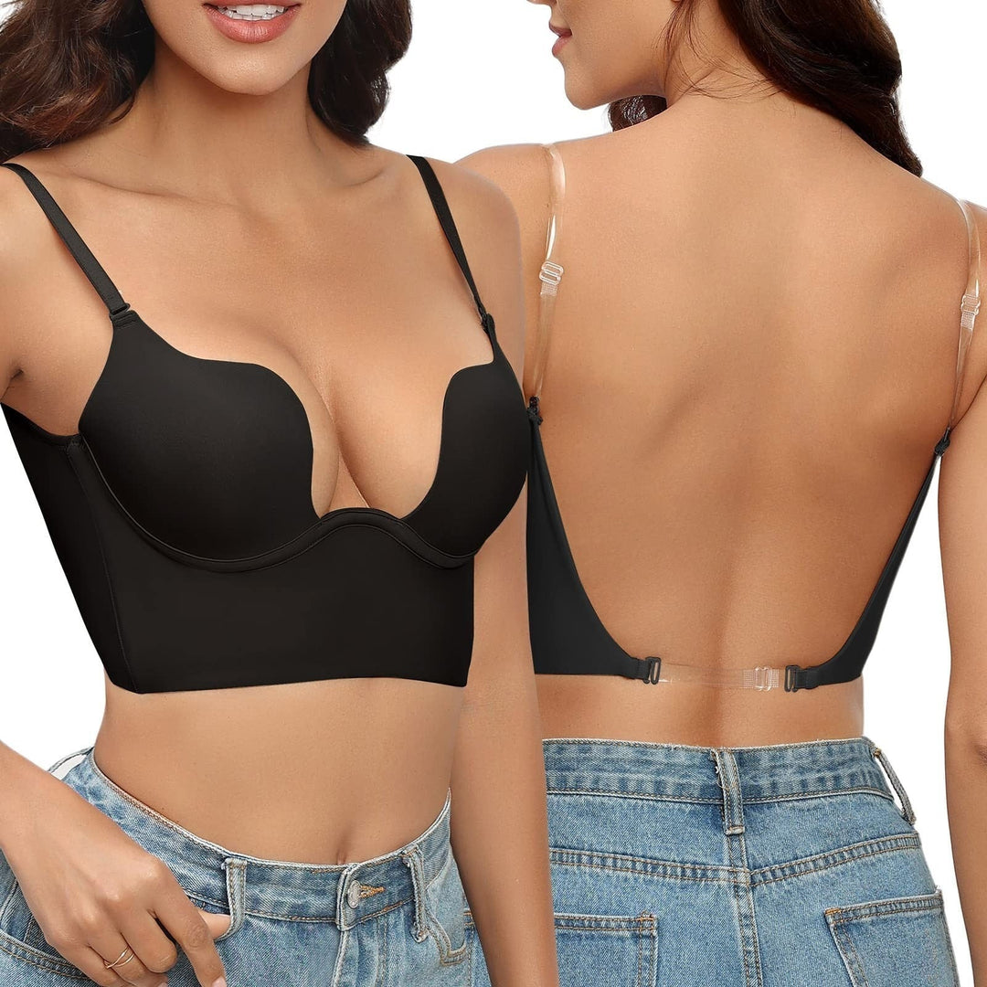 Backless Bra with Clear Straps and Deep Plunge Front
