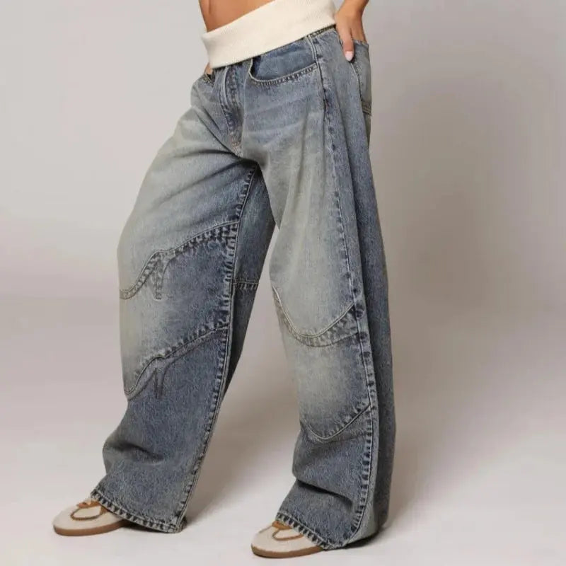 Baggy Wide Leg Denim Trousers with Ribbed Waistband