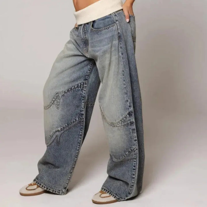 Baggy Wide Leg Denim Trousers with Ribbed Waistband