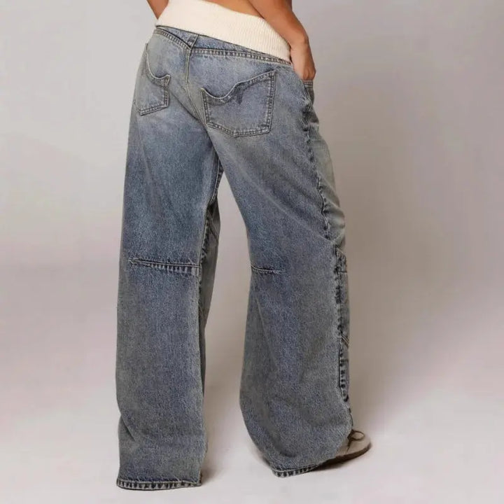 Baggy Wide Leg Denim Trousers with Ribbed Waistband