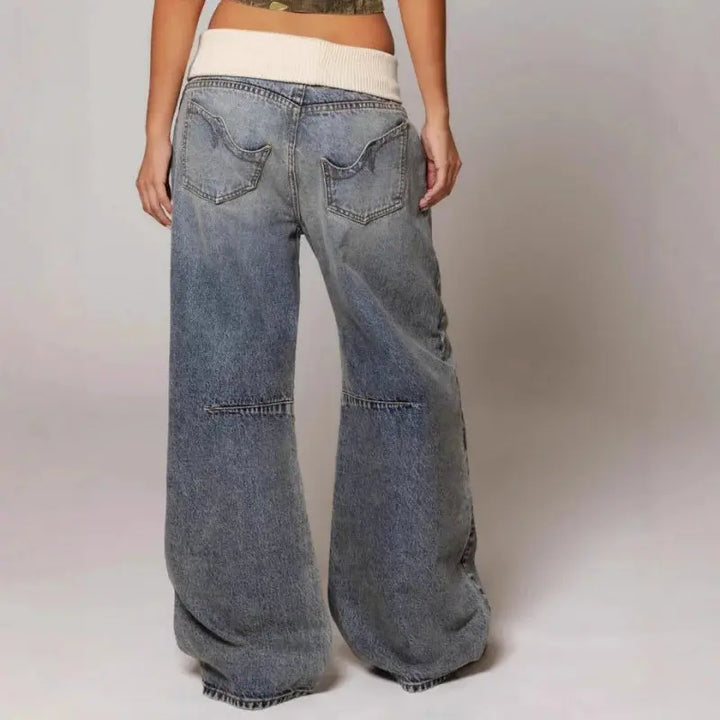Baggy Wide Leg Denim Trousers with Ribbed Waistband