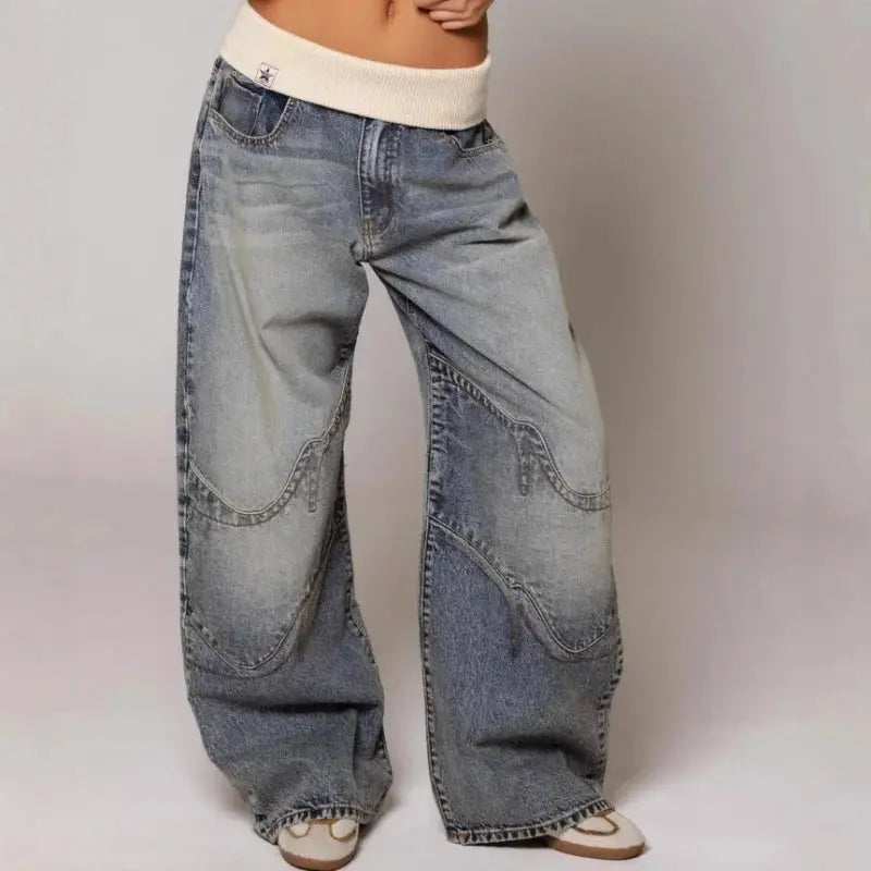 Baggy Wide Leg Denim Trousers with Ribbed Waistband