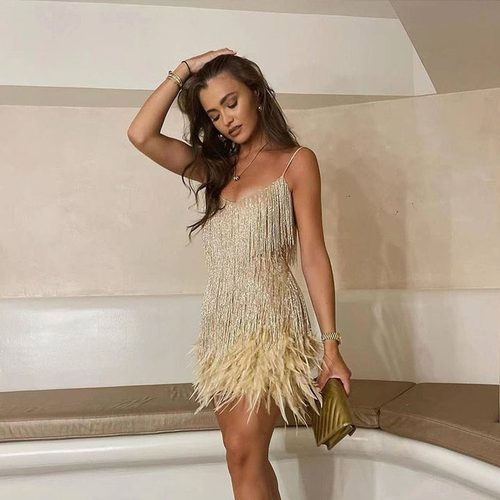 Aria | Women’s Strappy Mini Dress With Fringe Accents And Feather-Trim Hem