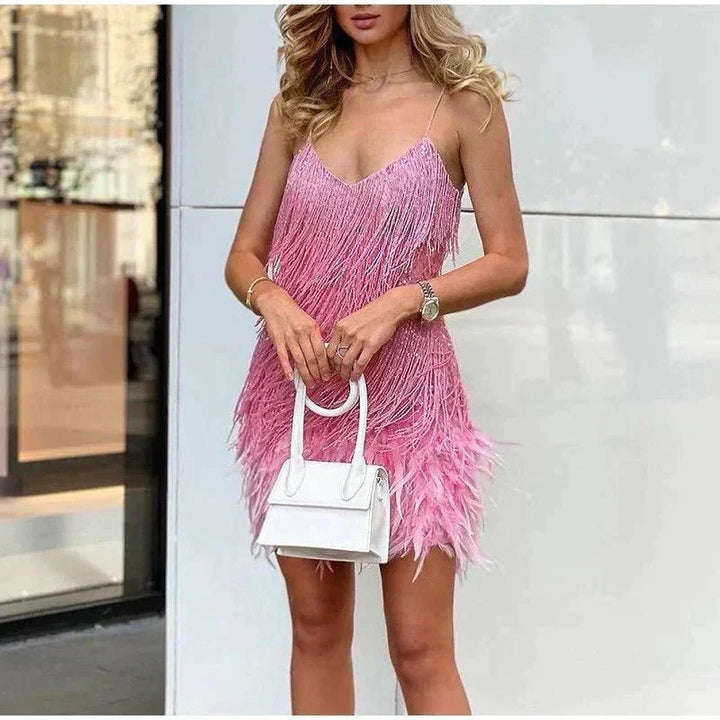 Aria | Women’s Strappy Mini Dress With Fringe Accents And Feather-Trim Hem