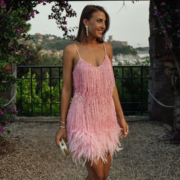 Aria | Women’s Strappy Mini Dress With Fringe Accents And Feather-Trim Hem
