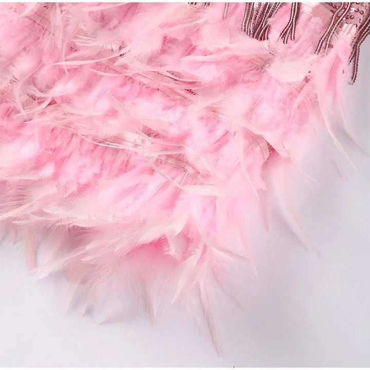 Aria | Women’s Strappy Mini Dress With Fringe Accents And Feather-Trim Hem