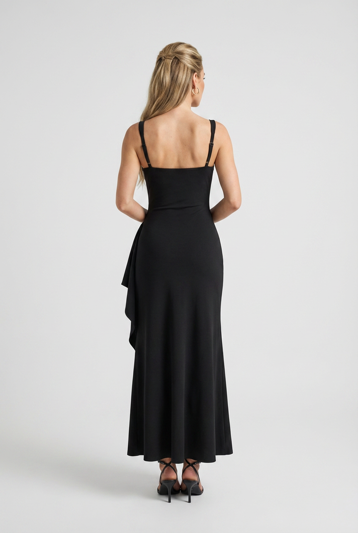 Black Square Neck Dress with Slit - Classic Slimming Fit