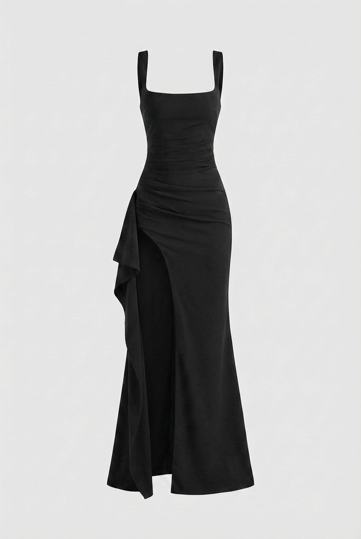 Black Square Neck Dress with Slit - Classic Slimming Fit