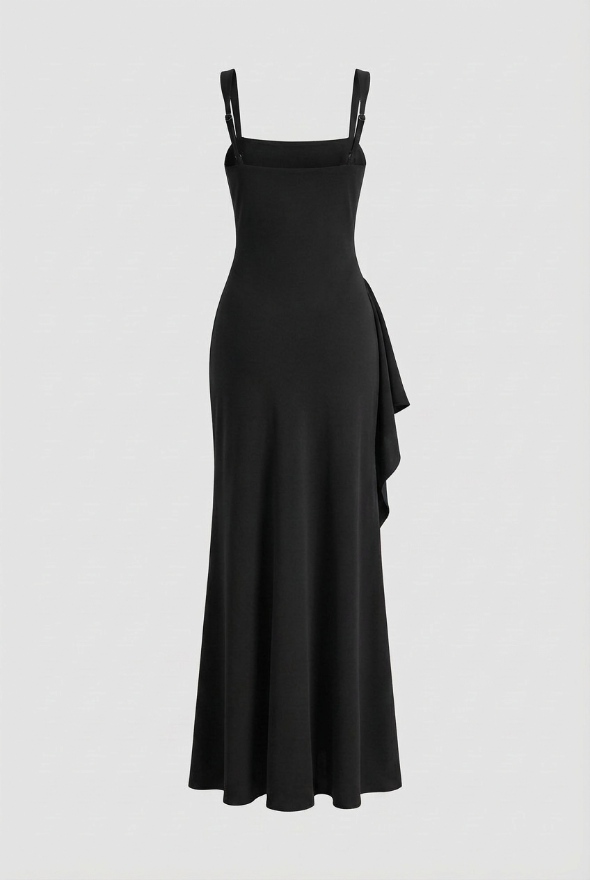 Black Square Neck Dress with Slit - Classic Slimming Fit