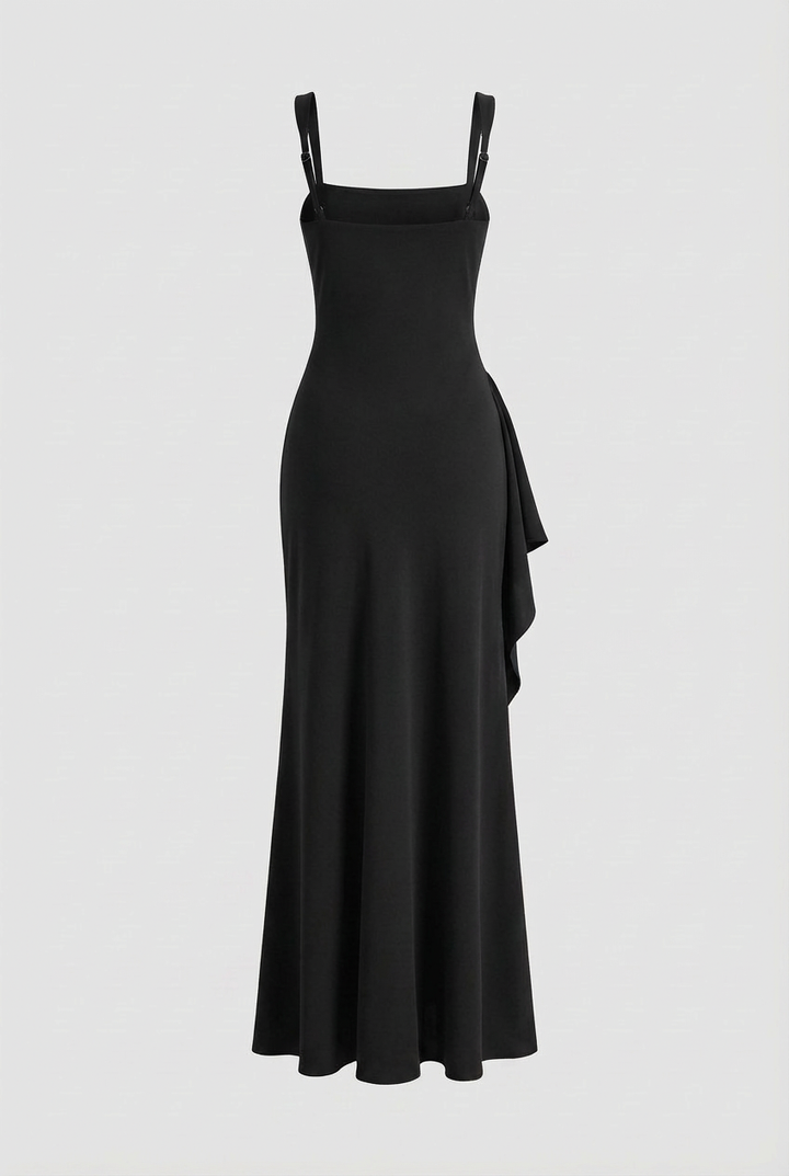 Black Square Neck Dress with Slit - Classic Slimming Fit