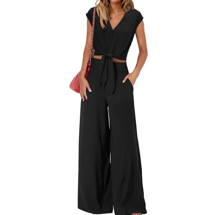 Michelle - V-Neck Tie-Front Crop Top and Wide-Leg Pants Set