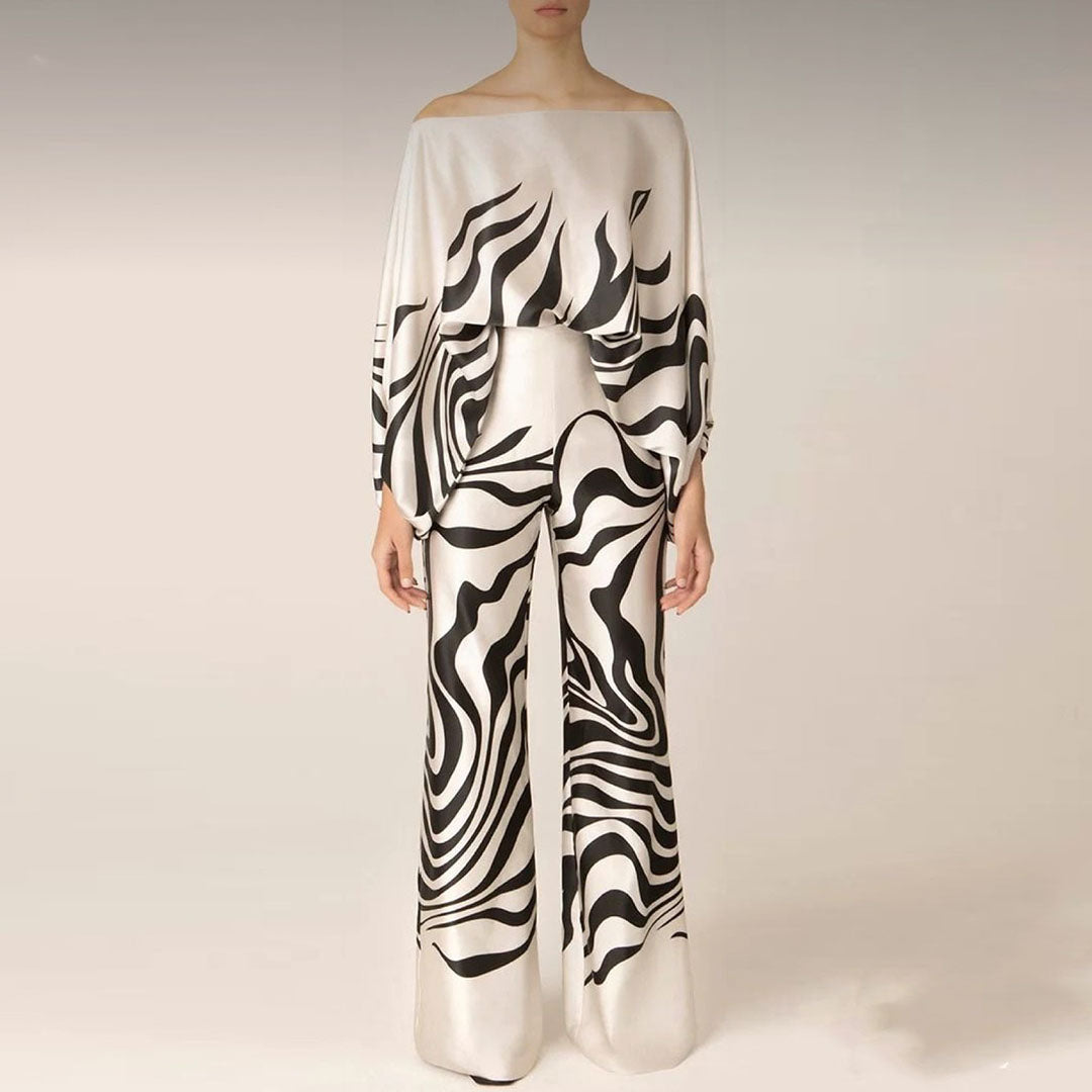 Emma - Wave Print Satin One-Shoulder Top &amp; Wide-Leg Pants Set