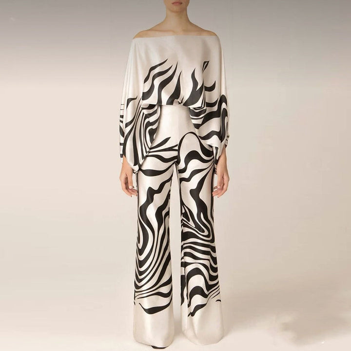 Emma - Wave Print Satin One-Shoulder Top &amp; Wide-Leg Pants Set