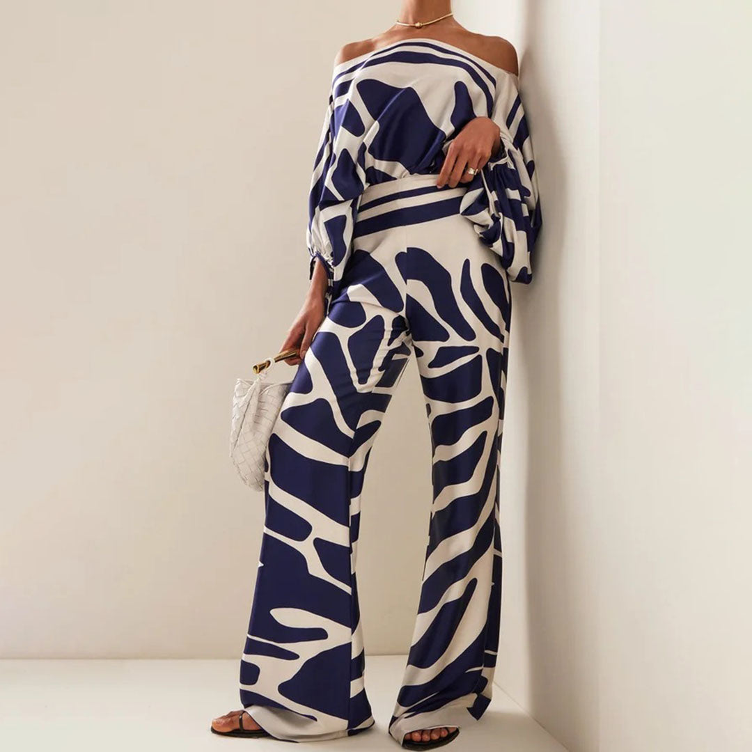 Emma - Wave Print Satin One-Shoulder Top &amp; Wide-Leg Pants Set