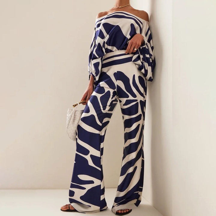 Emma - Wave Print Satin One-Shoulder Top &amp; Wide-Leg Pants Set