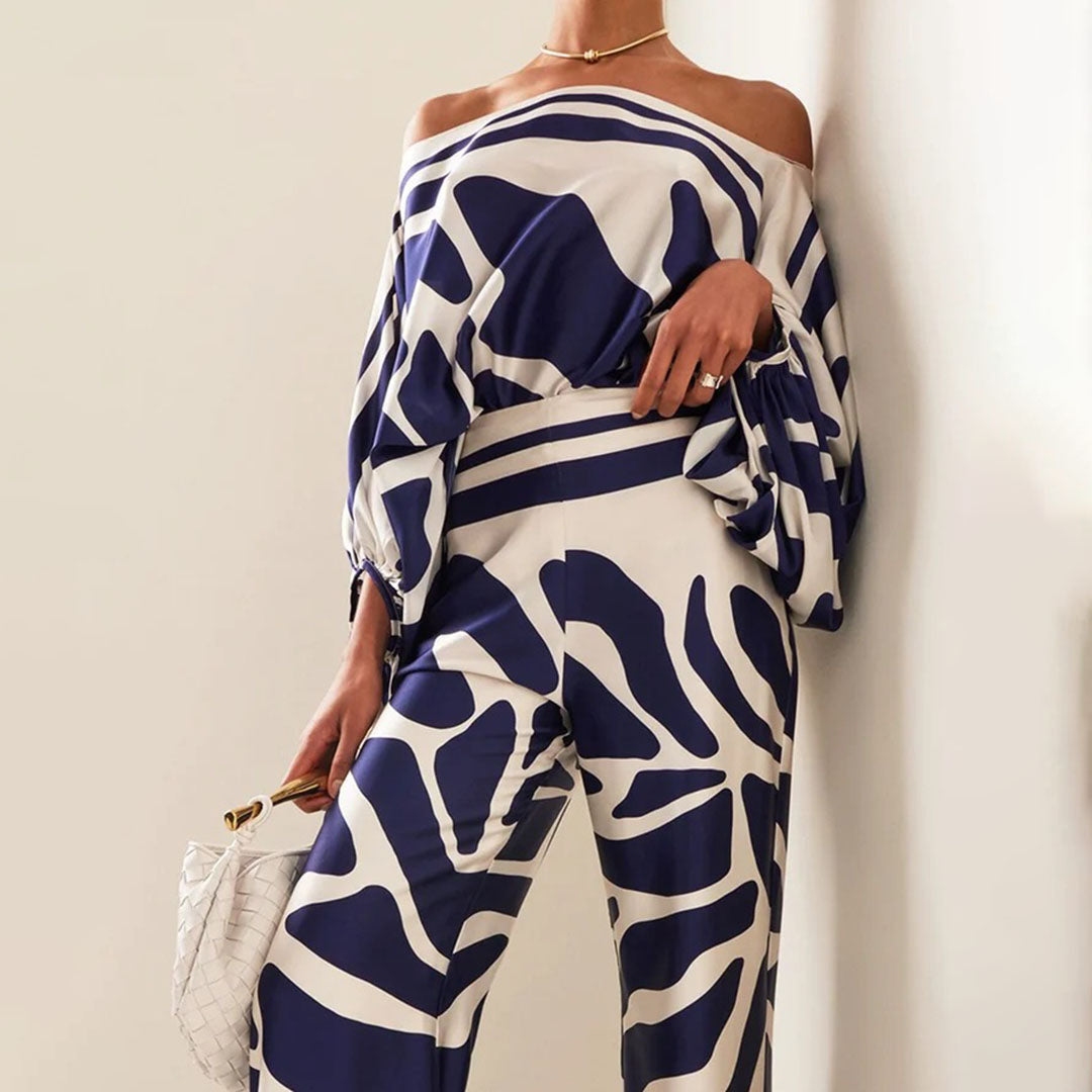 Emma - Wave Print Satin One-Shoulder Top &amp; Wide-Leg Pants Set