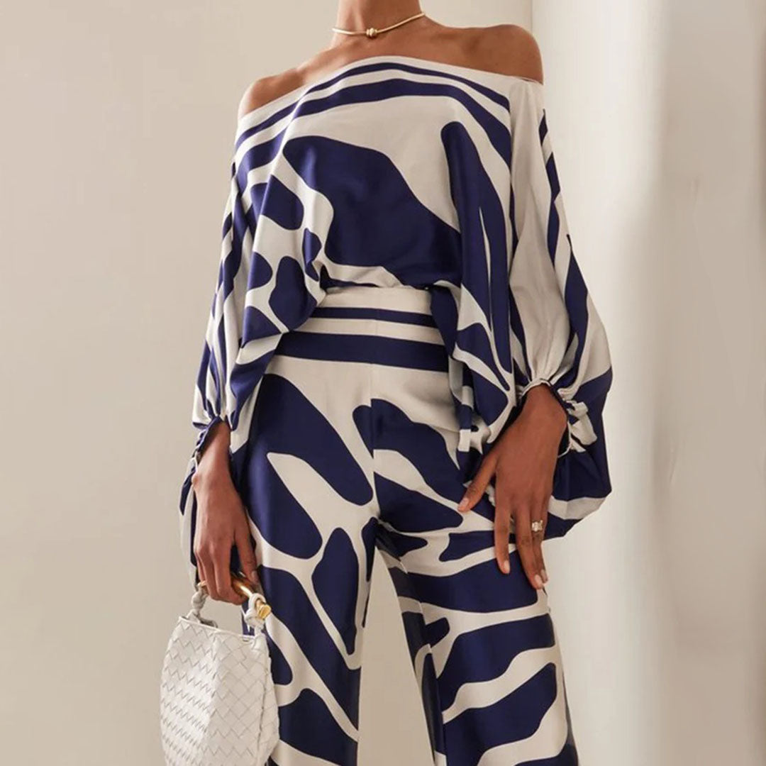 Emma - Wave Print Satin One-Shoulder Top &amp; Wide-Leg Pants Set