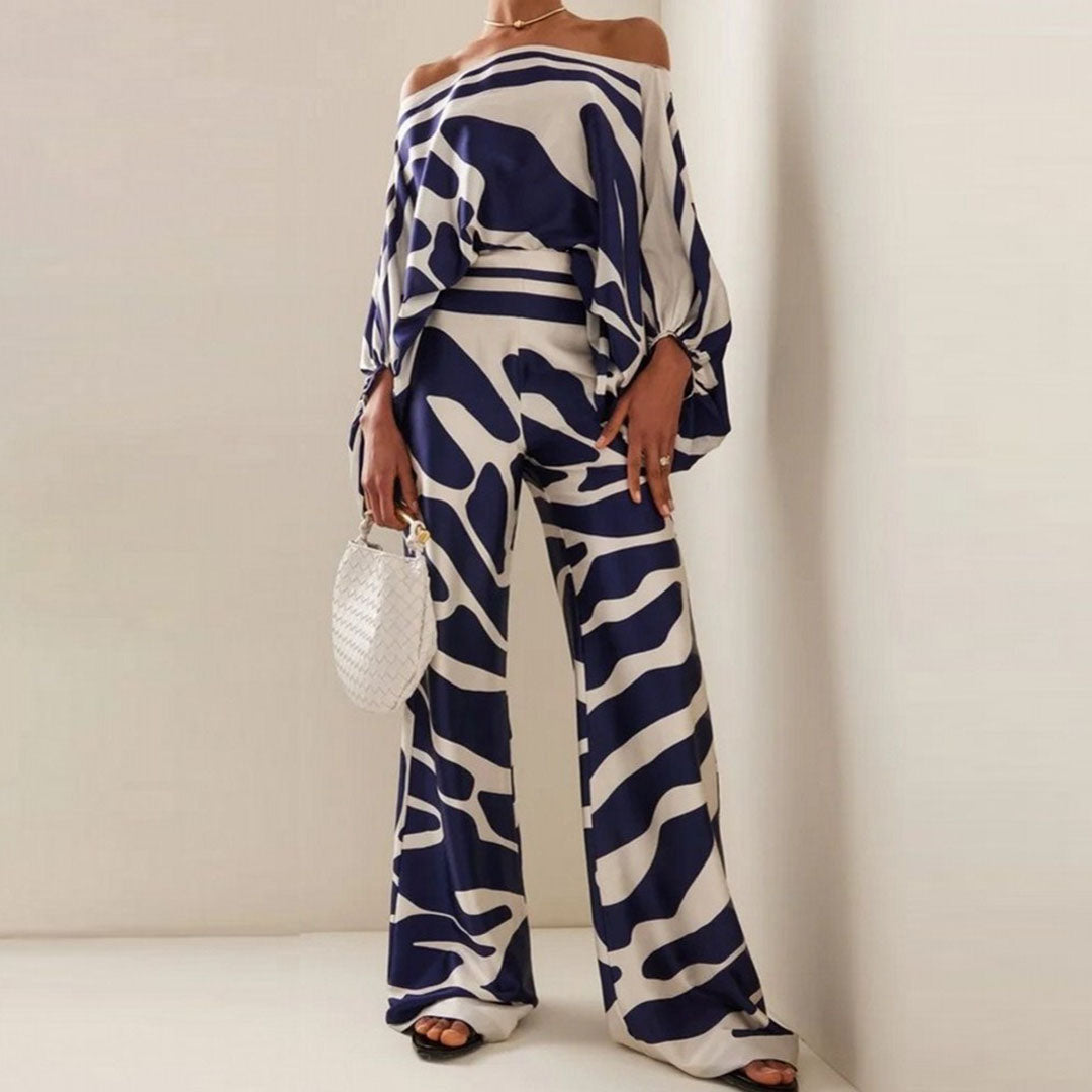 Emma - Wave Print Satin One-Shoulder Top &amp; Wide-Leg Pants Set