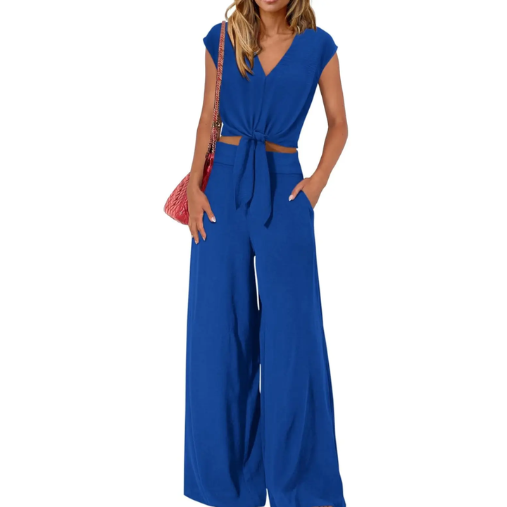 Michelle - V-Neck Tie-Front Crop Top and Wide-Leg Pants Set