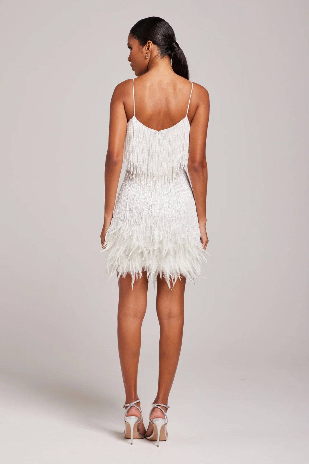 CELESTE - Spaghetti Strap Beaded Fringe Mini Dress with Ostrich Feather Hem