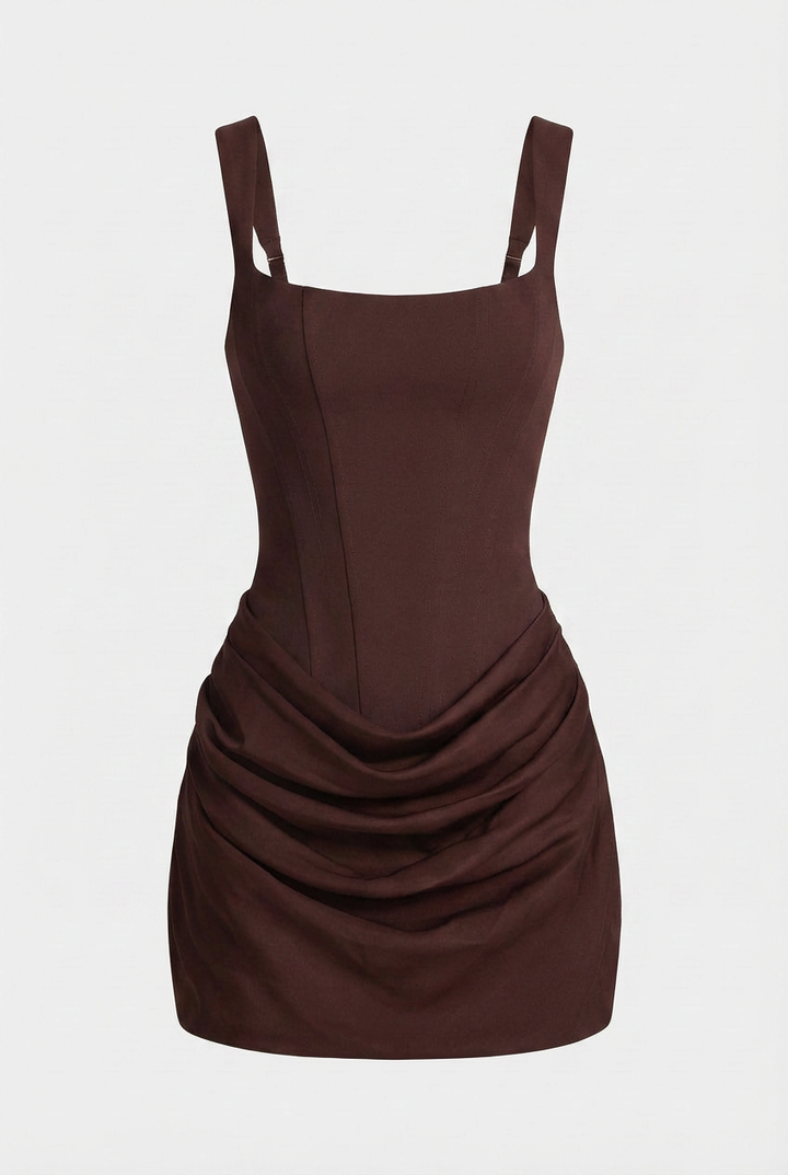 Brown Draped Hourglass Mini Dress - Chic Mocha Style for Cocktail Parties