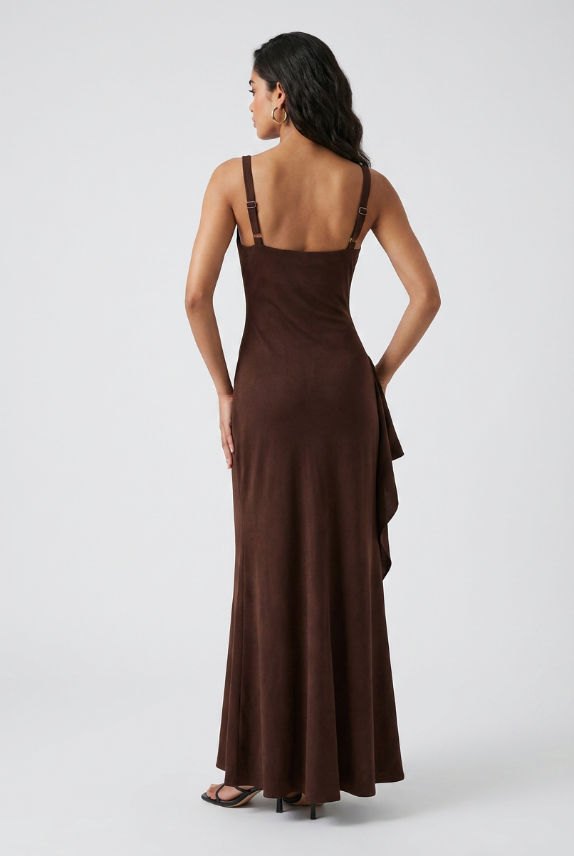 Brown Slit Dress - Elegant Square Neck Mocha Fit