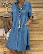 Brenda - Denim Long Sleeve Shirt Dress with Chest Pocket