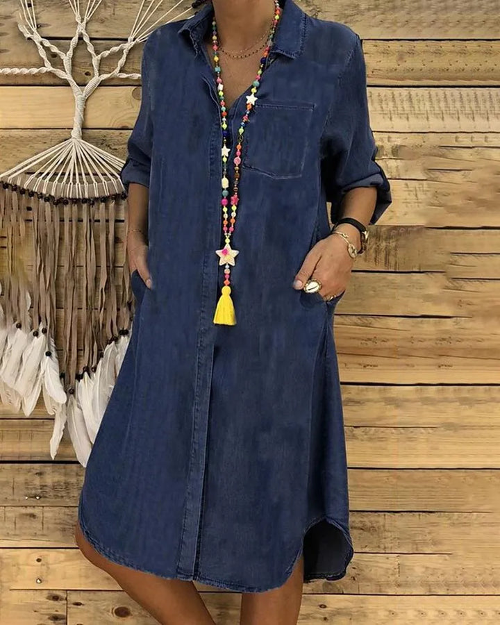 Brenda - Denim Long Sleeve Shirt Dress with Chest Pocket