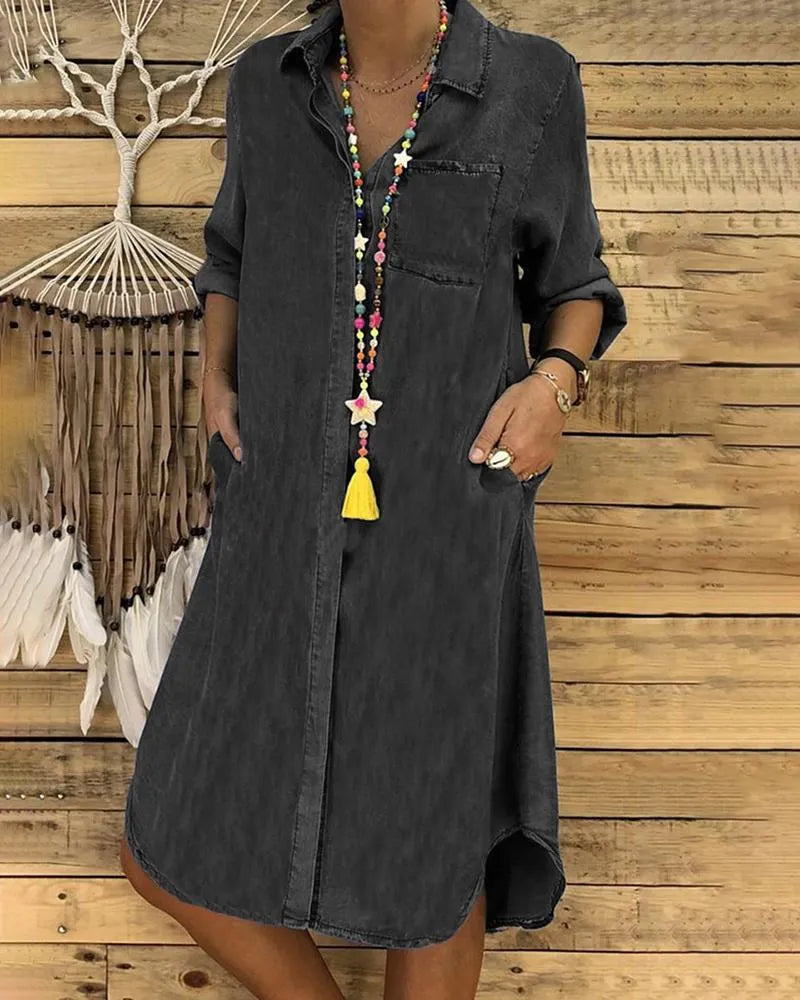 Brenda - Denim Long Sleeve Shirt Dress with Chest Pocket