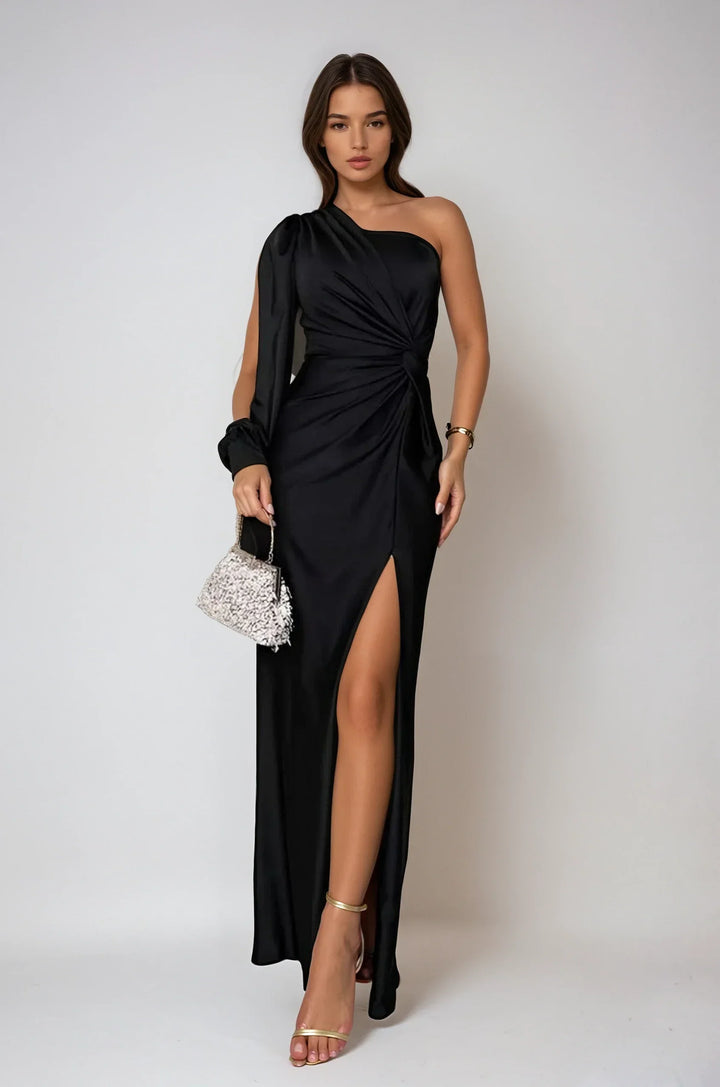 Julia Moretti | Luxe Satin One-Shoulder Dress with Elegant Split