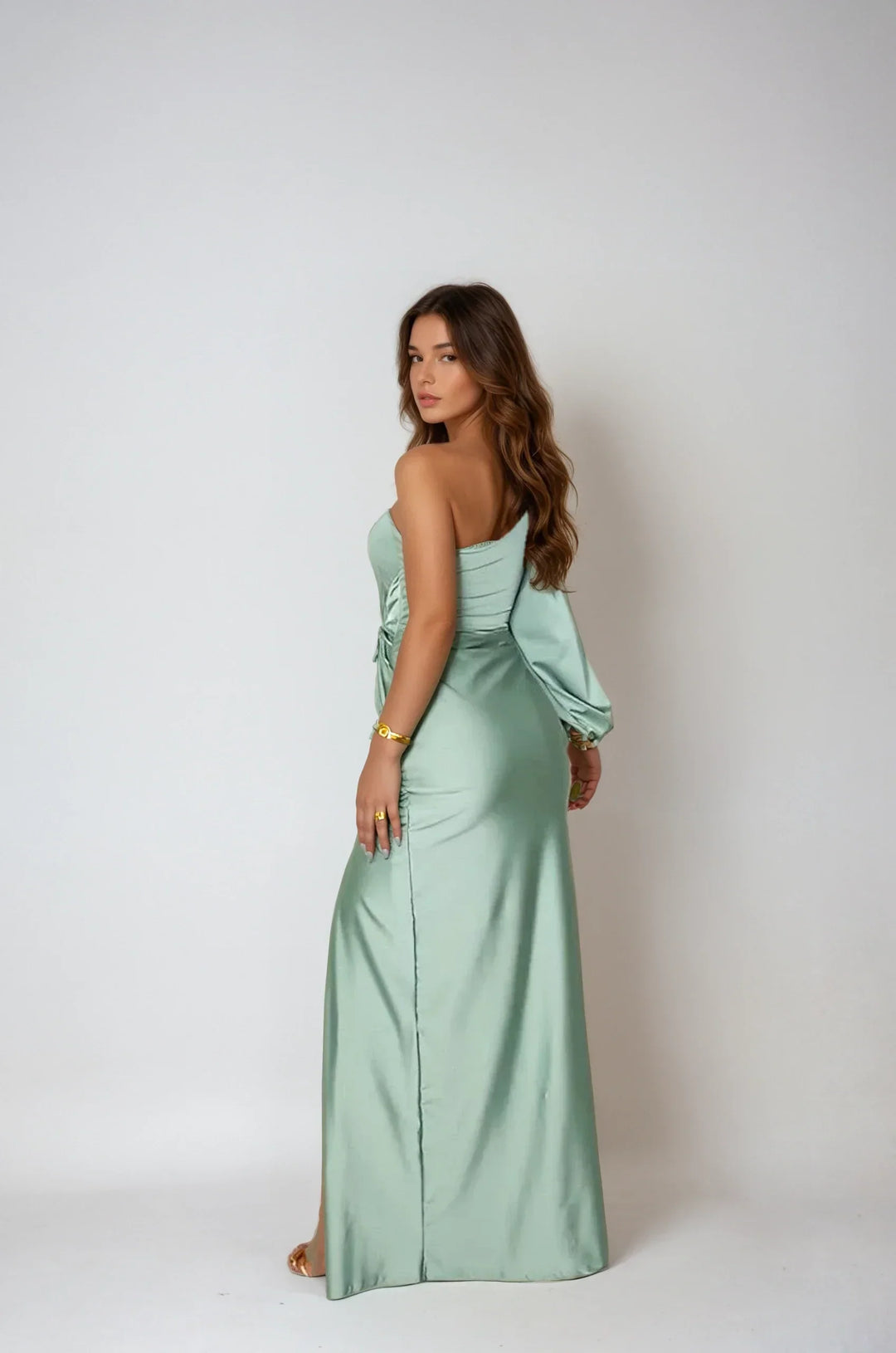 Julia Moretti | Luxe Satin One-Shoulder Dress with Elegant Split