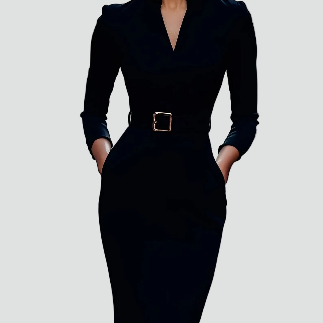 Business Midi Dress for Women with Belt and 3/4 Sleeves, Elegant and Flattering - Leonora Bianchi