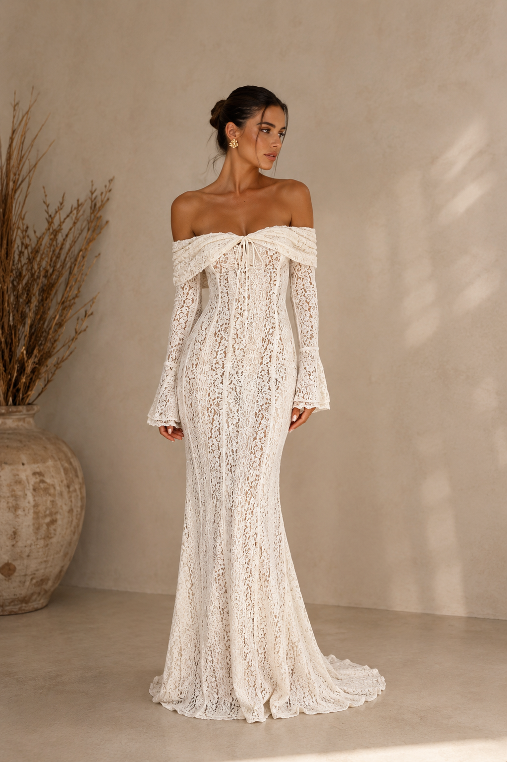 Isadore | Lace Maxi Dress with Off-Shoulder Neckline and Train Detail