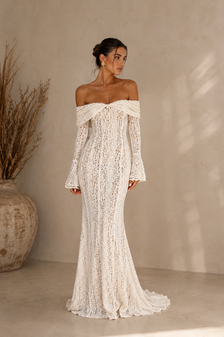 Isadore | Lace Maxi Dress with Off-Shoulder Neckline and Train Detail