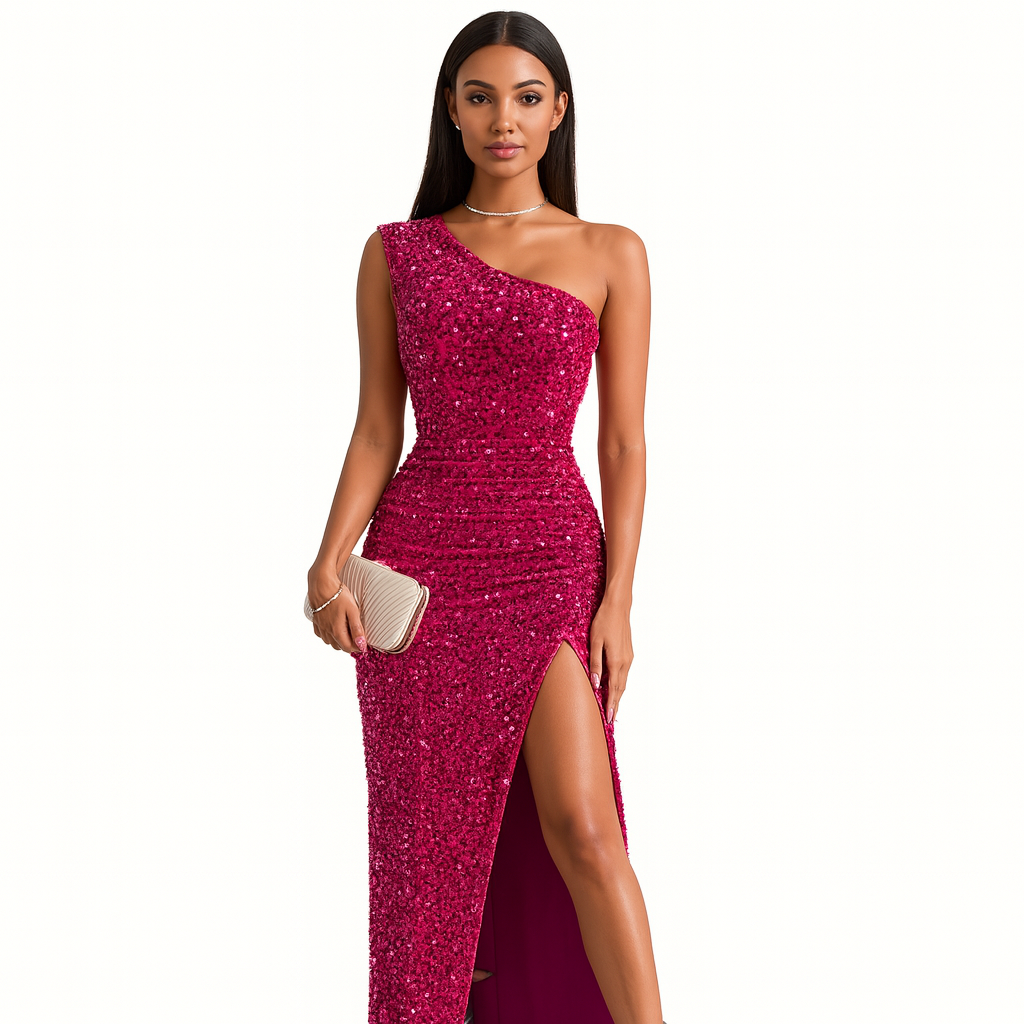 Luxe Glitter Shoulder Dress - Fitted Dress with High Split - Fleur Bellucci