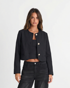 Clean Women's Cropped Jacket With Collarless Design And Button Front